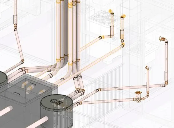 Detalhe de tubulações hidrossanitárias modeladas em 3D
