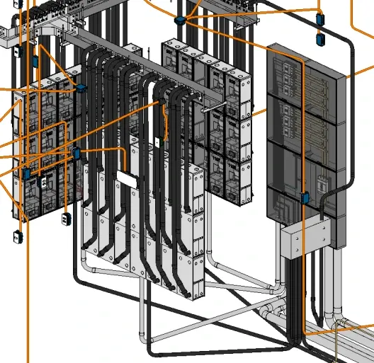 Infraestrutura de quadros e eletrocalhas modelada em 3D