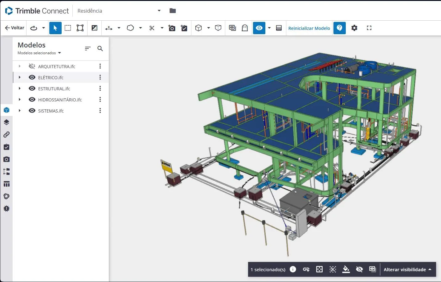 Modelo federado com estrutura e instalações aberto no Trimble Connect